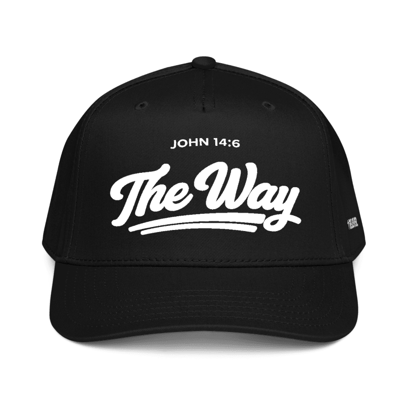 A black baseball cap with white embroidered text reading 'JOHN 14:6 The Way' on the front, shown against a plain white background.